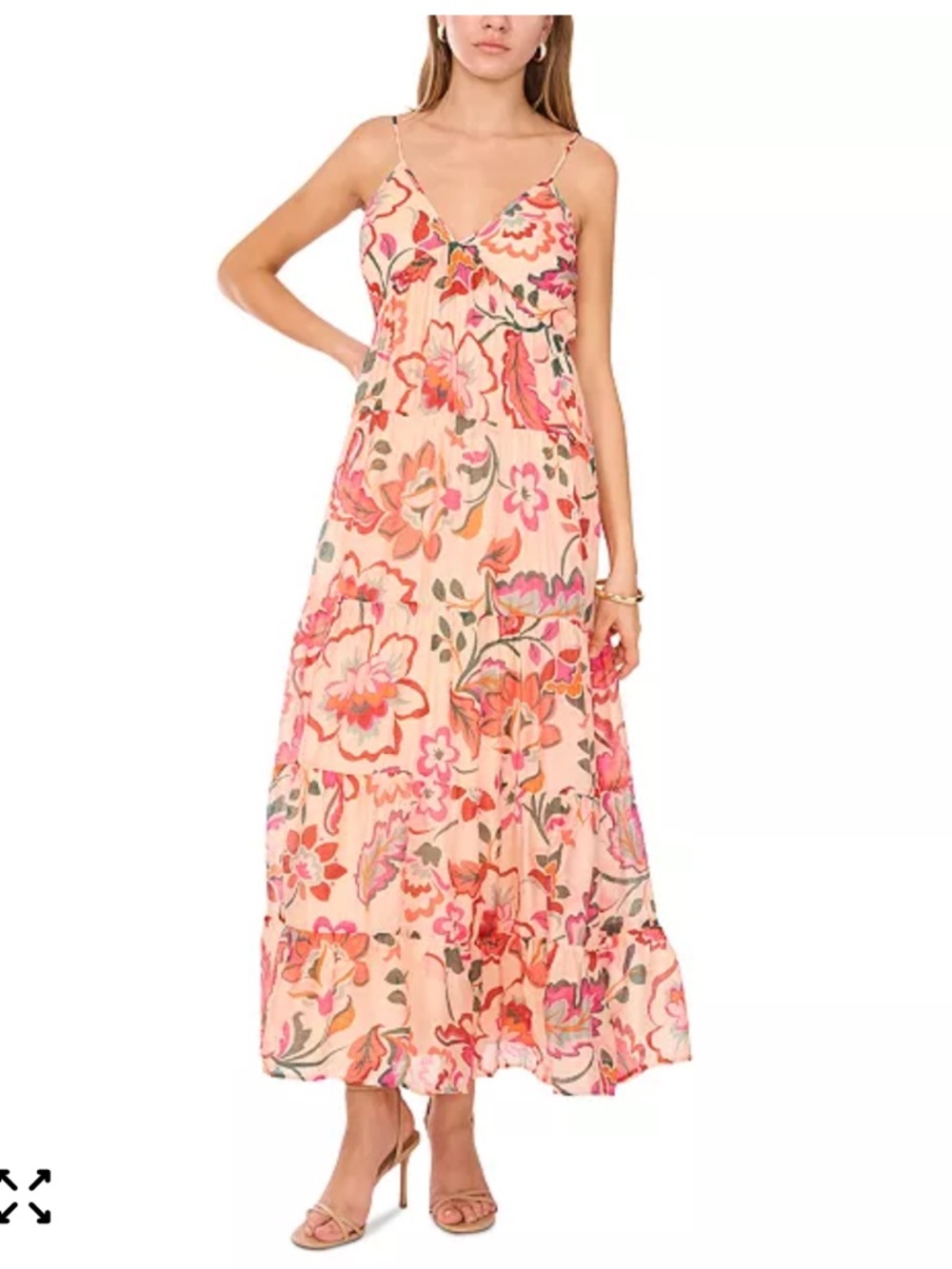 1. State Floral Maxi Tiered Sundress with Spaghetti Straps - Pink Peach Small